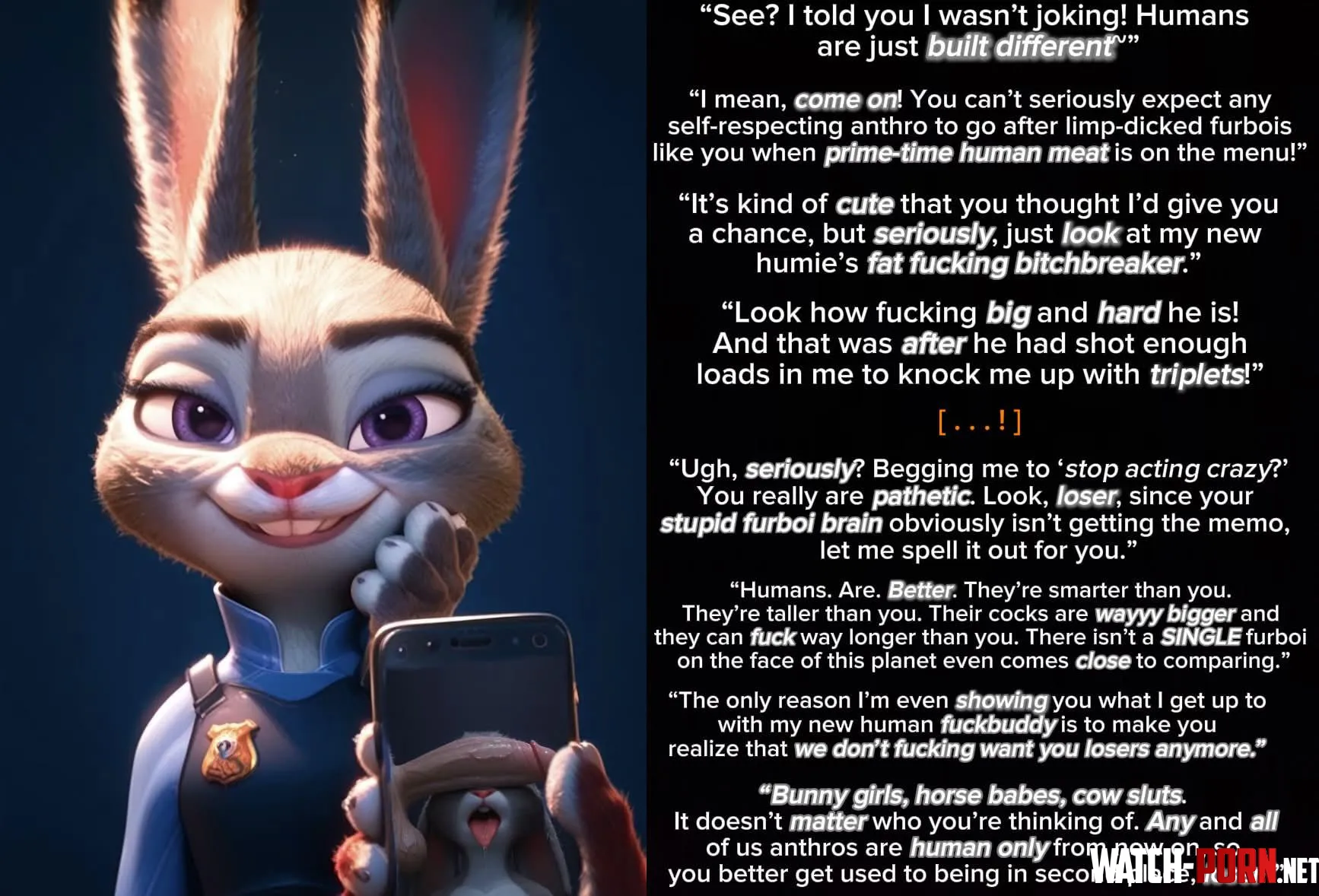 Judy explains the food chain to a poor, dumb furboi. [Anthro] [Zootopia] [Human Worship] [Human’d] [BHC] by hellothere13211