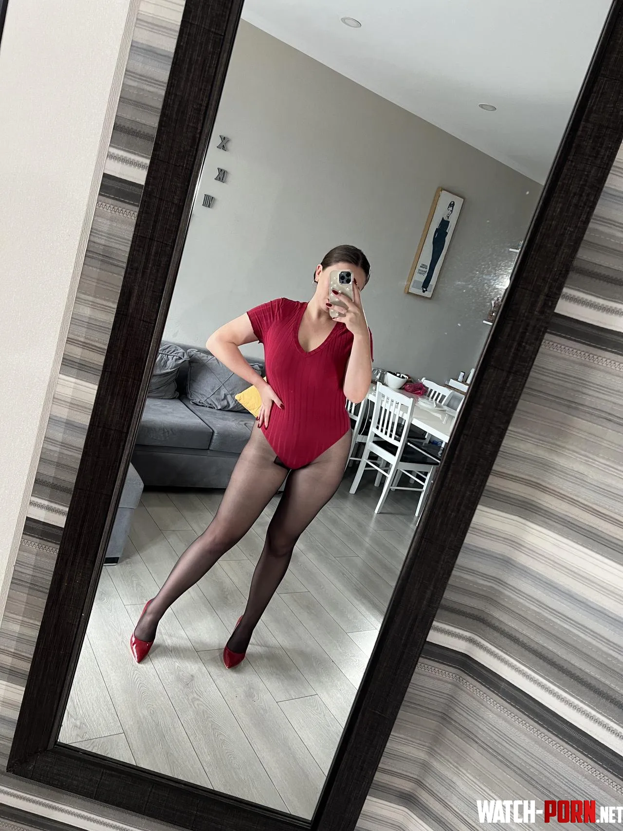 Sheer pantyhose catching the light and tracing every curve effortlessly. by AlinaRoseModel