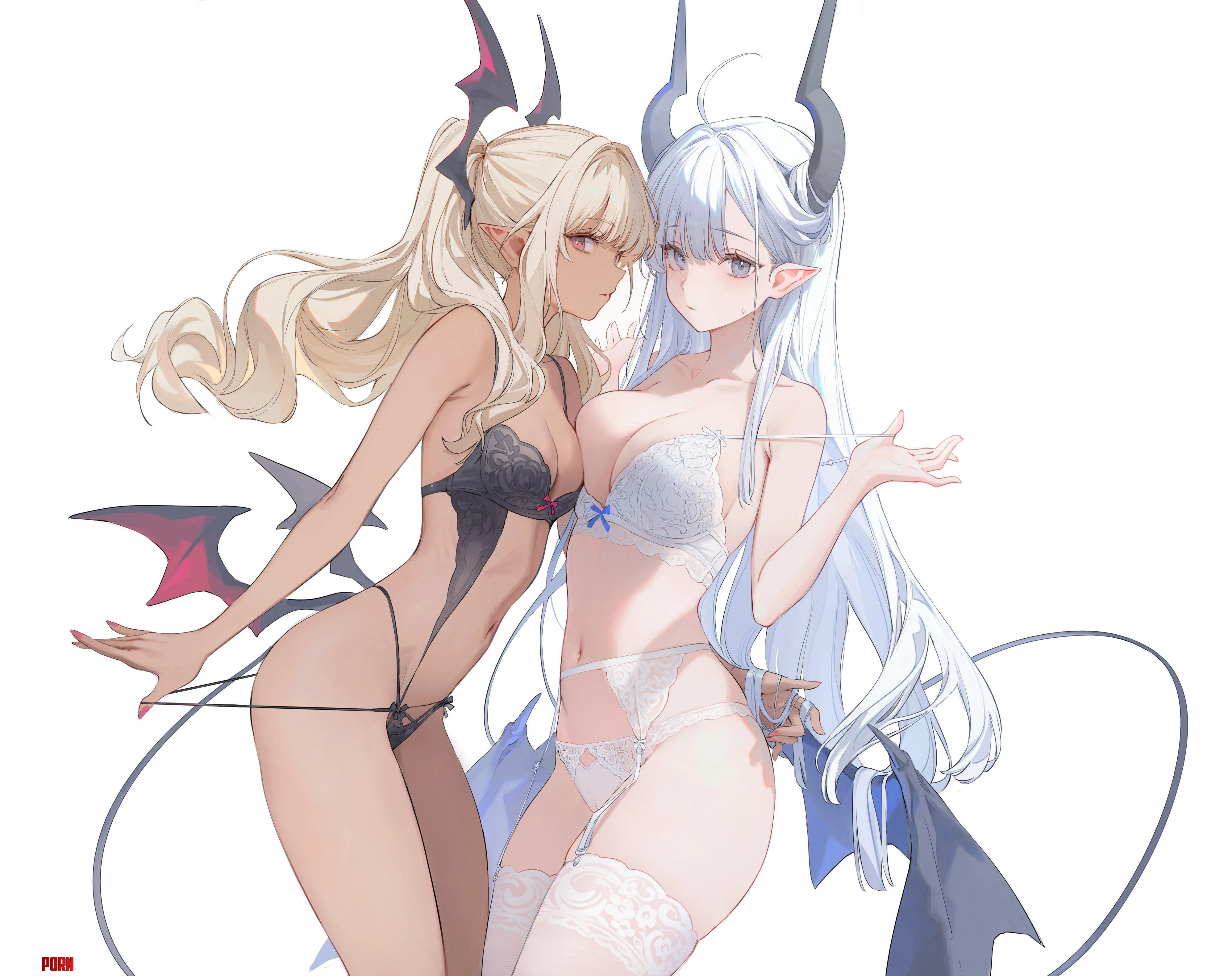 Blonde & silver-haired demon girls (Nekojira) [Original] by That-casual-guy