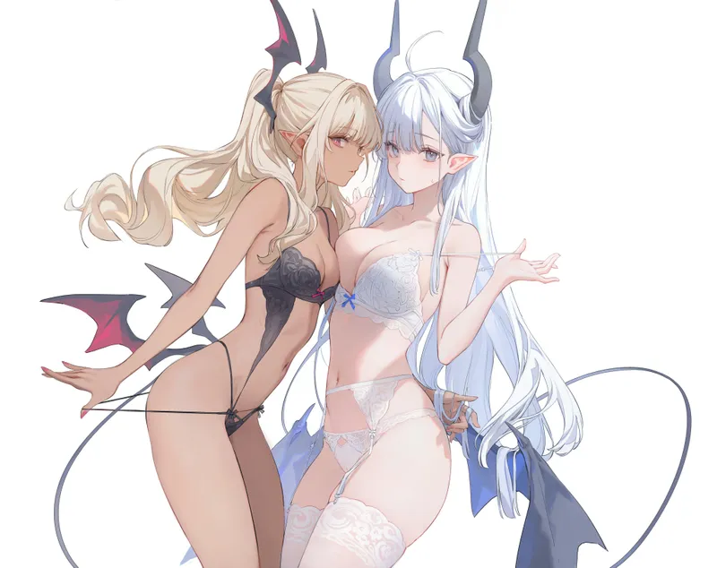 Thumbnail Blonde & Silver-Haired Demon Girls in Original by That-casual-guy | thighdeology