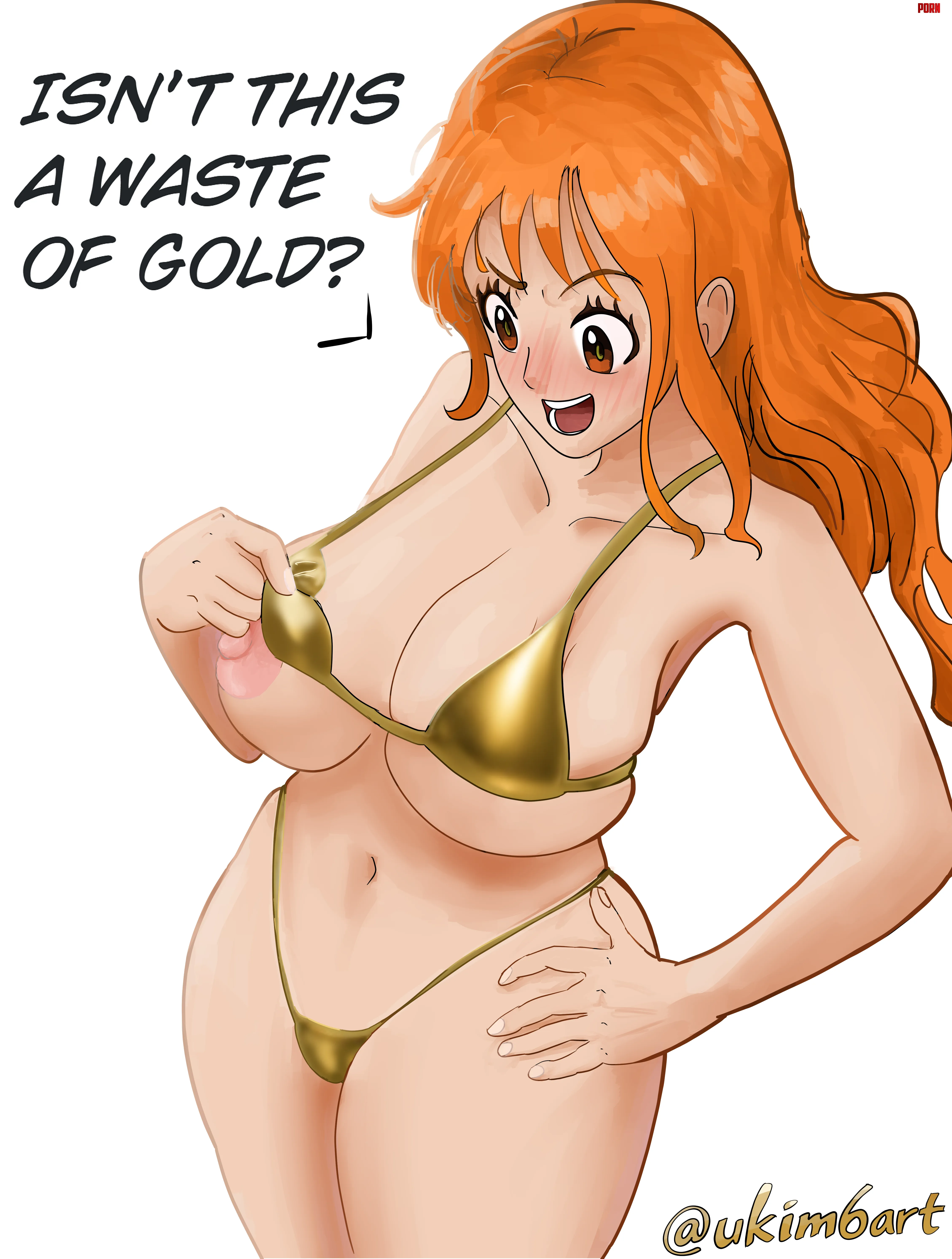 Nami testing a gold bikini 💛 (art by me: @ukim6art) by RepeatRich8427