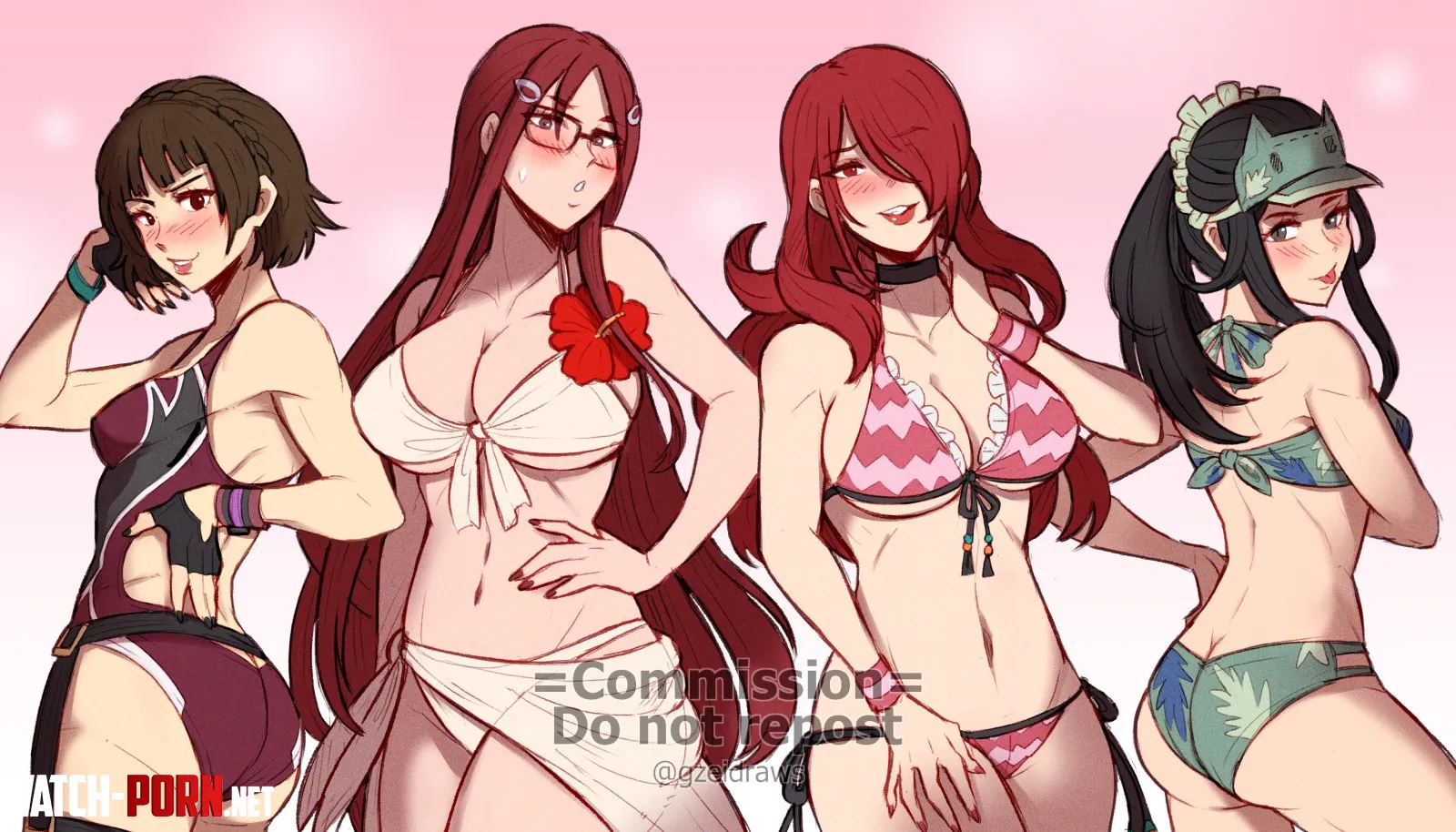 Commissioned Minerva and Kai swimsuit swapping with Mitsuru and Makoto [Valkyria Chronicles x Persona] (Gzei) by Terran117