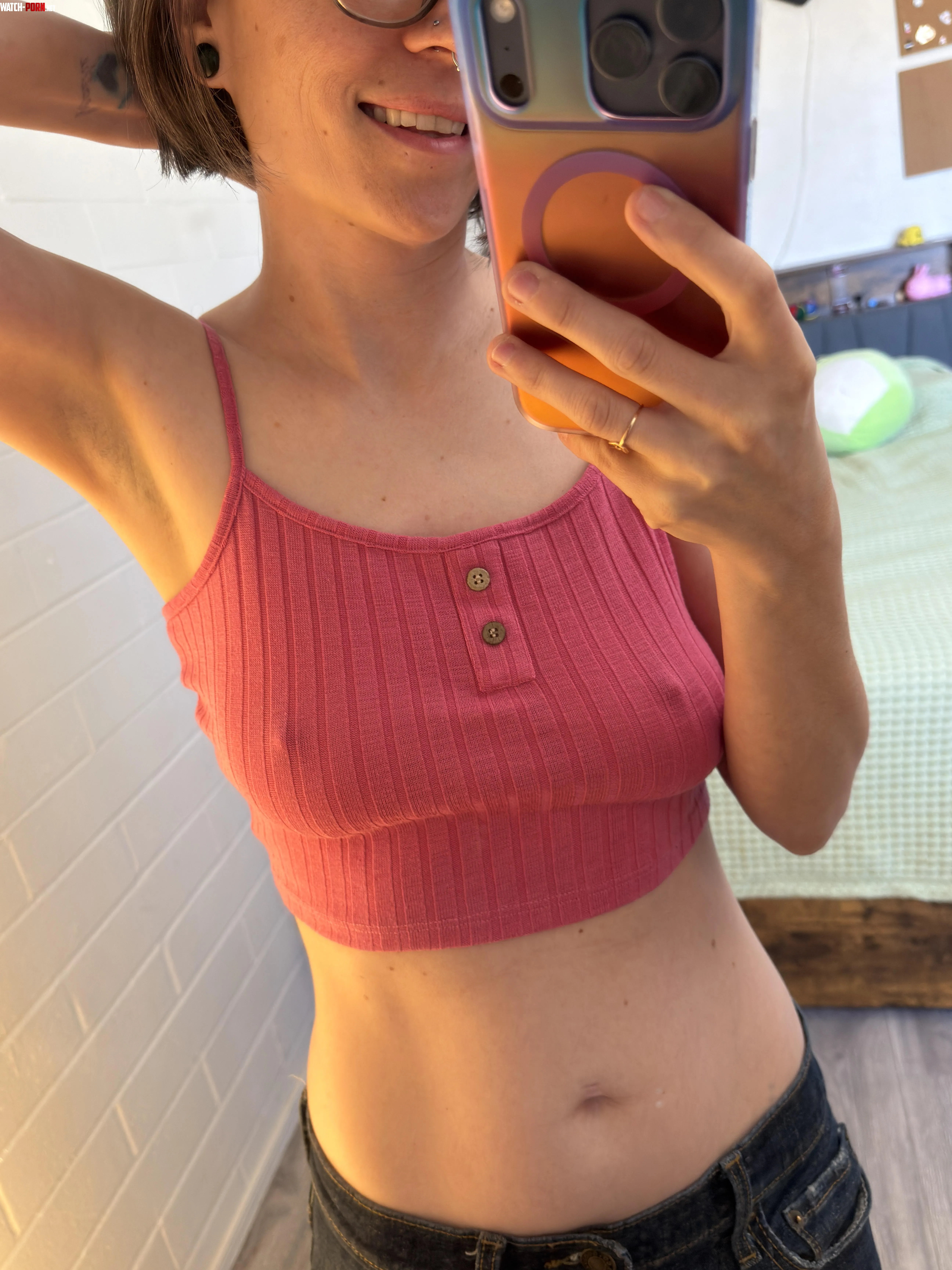 braless in my crop top 😇 my nipples say hi 🤭 by alittlebitbb