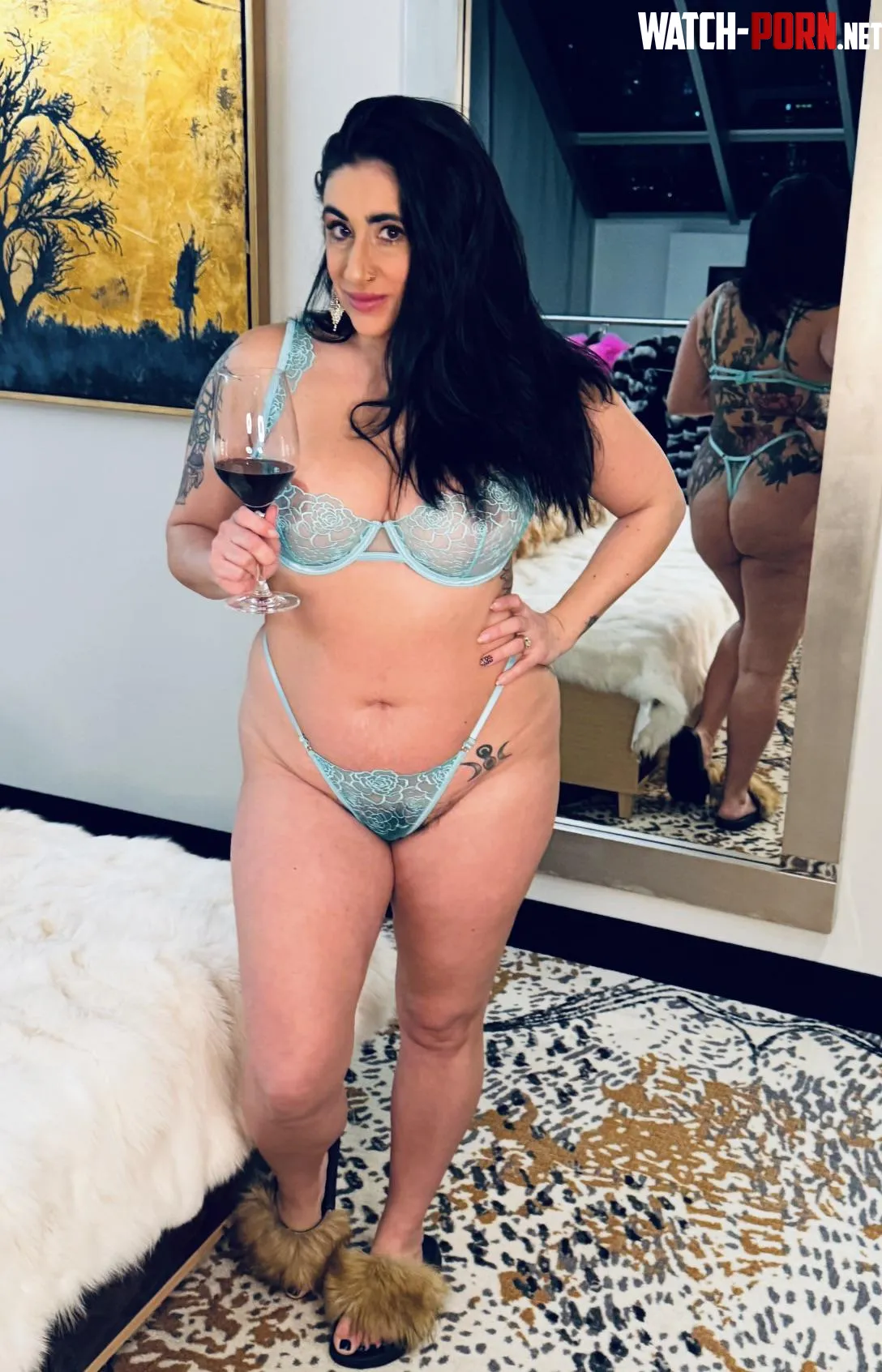A glass of wine, some see through lingerie & fuzzy slippers is the perfect recipe for a hot night. by FullBushHotwife