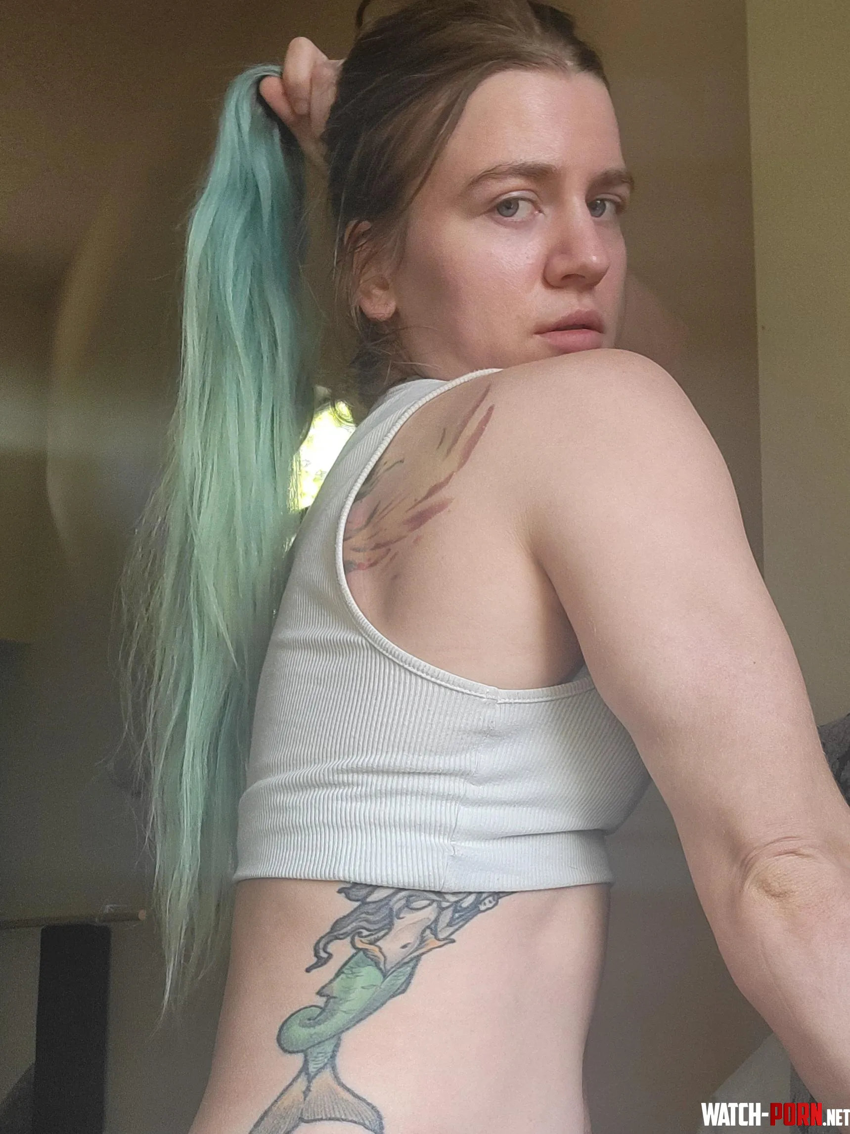 Hair so long it needs to be restrained in a ponytail by KinkyContortionist