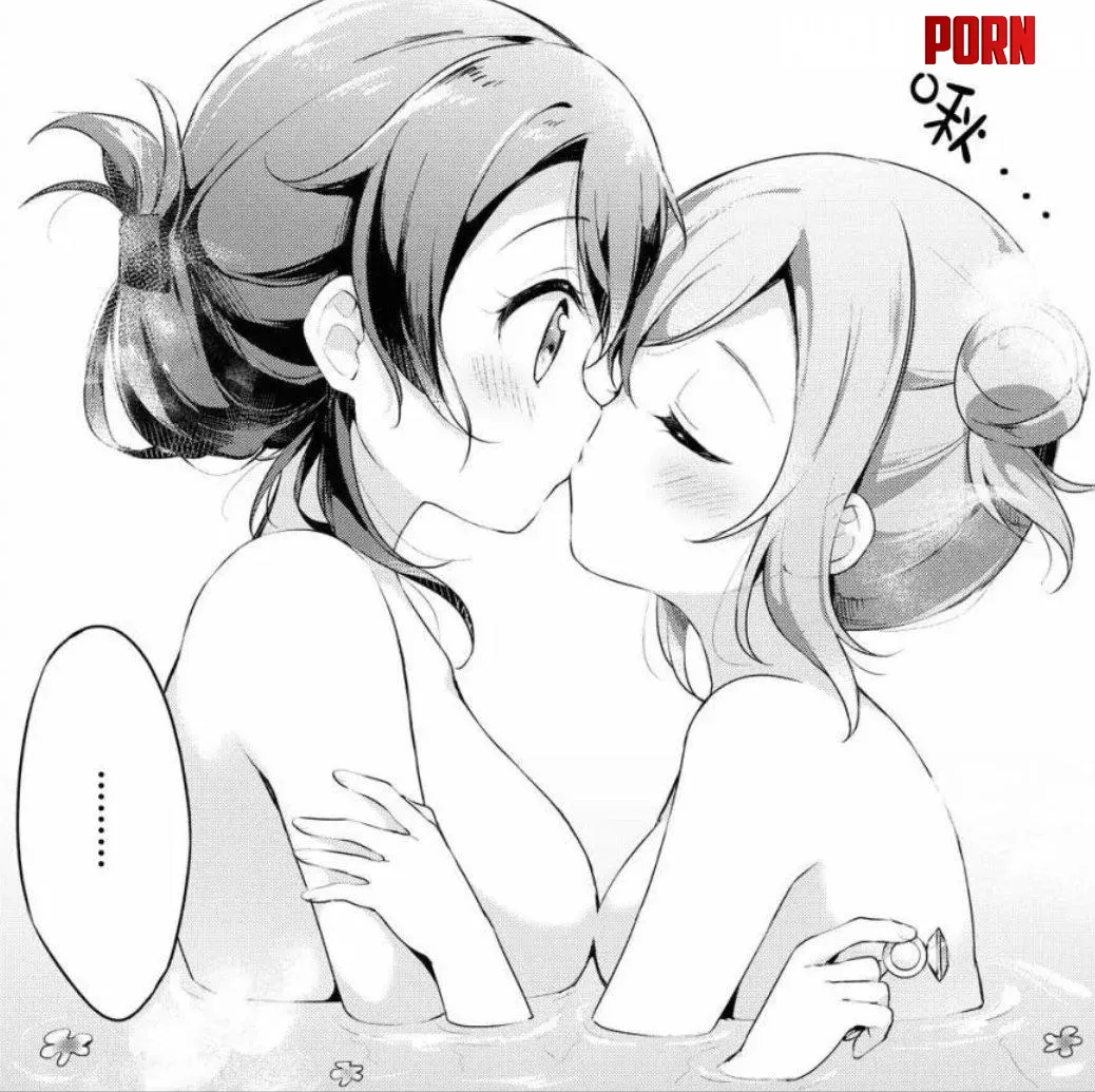 LF Mono Source: 2girls, yuri, kiss, eyes closed, blushing, surprised, water, nude, large breasts, ring, diamond ring, tied hair, flower by Simpsons138