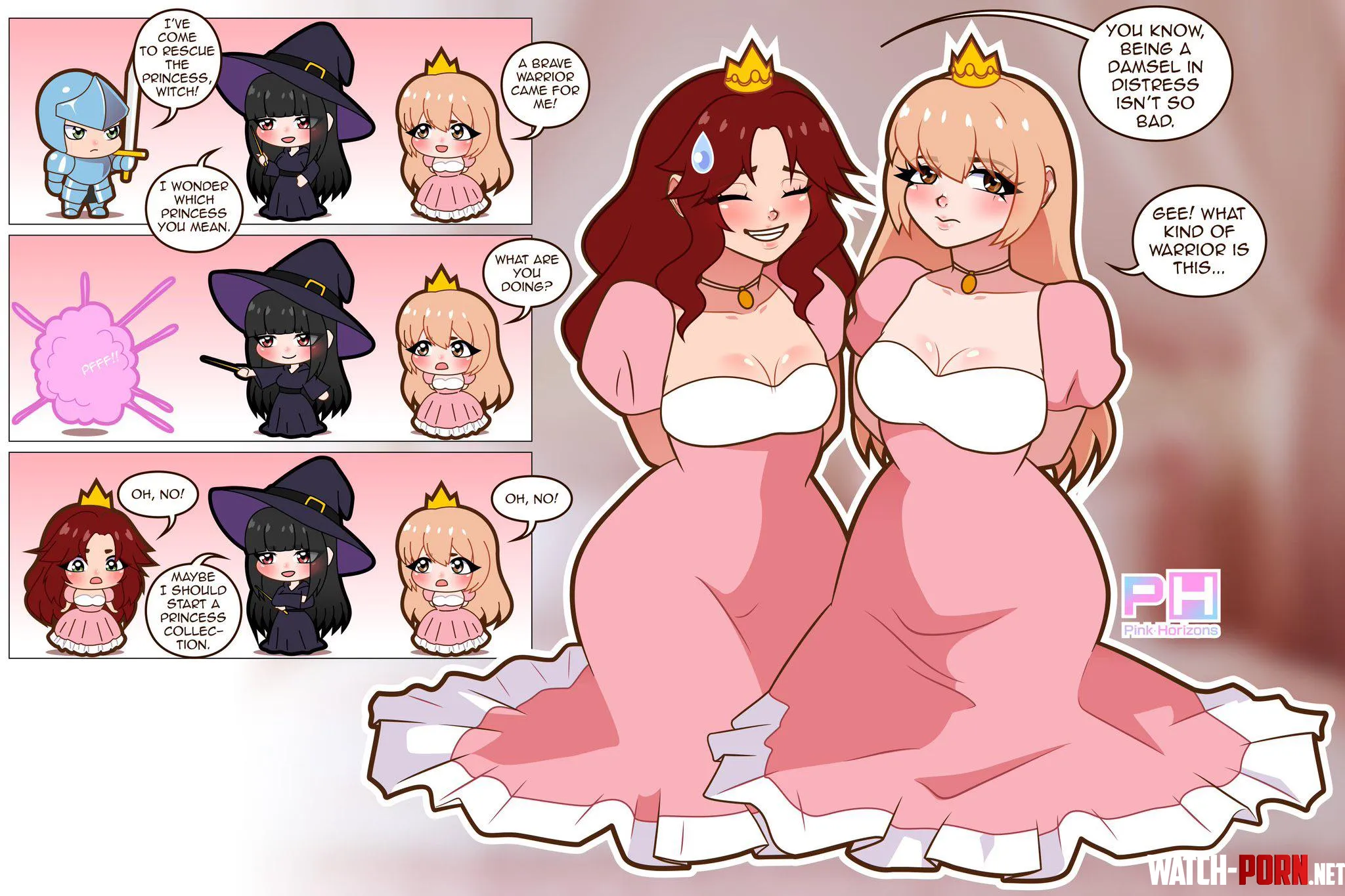 A witch turns a knight into a princess as a curse/punishment, but the knight is super into it (Pinkhorzion) by Konradleijon