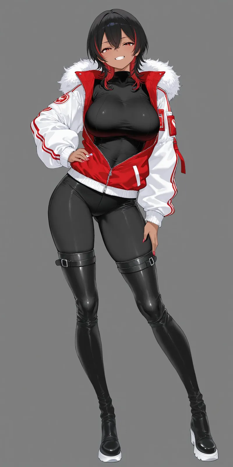 Thumbnail Red & White Jacket - Black Bodysuit/Thigh Boots by WoolsonDaSheep - Anime Bodysuits