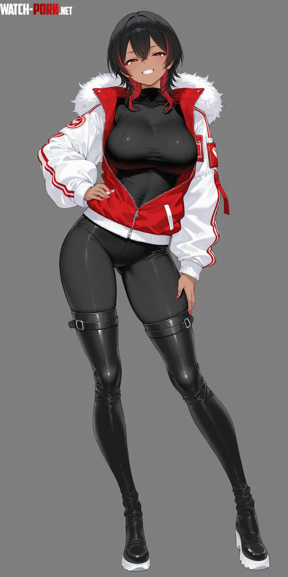 Red/White Jacket + Black Bodysuit/Thigh Boots by WoolsonDaSheep