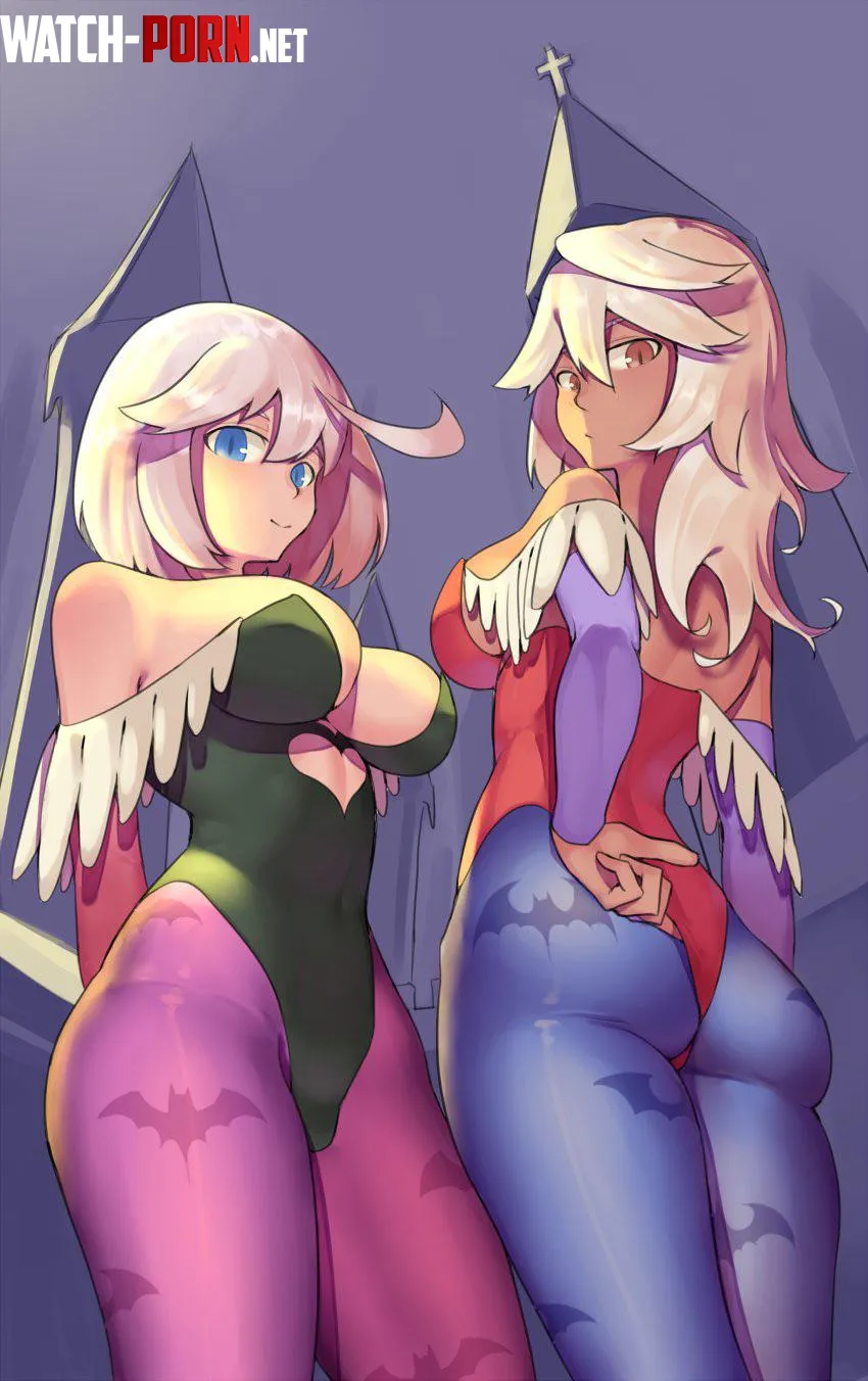 Elphelt as morrigan and ramlethal as Lilith by bigboobfan69