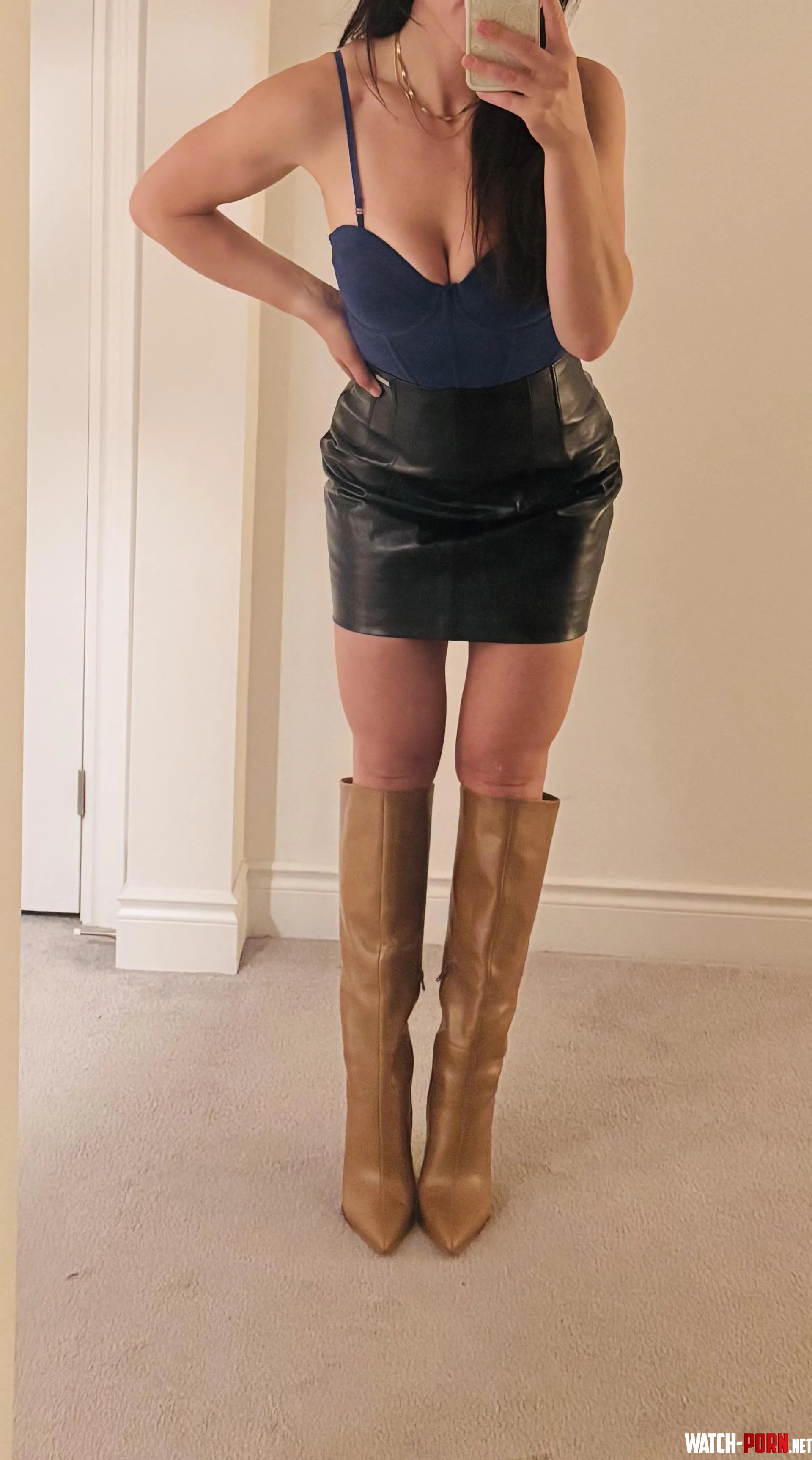 Black leather skirt, brown leather boots funded by my 🐷 by QueenJL2025