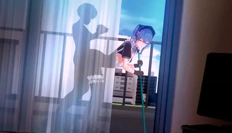 Thumbnail LF Color Source: 1boy, 1girl, 3d, animation/animated gif, balcony, blue hair, broom, curtain, filming, from side, gloves, hoshimachi suisei, maid, sex from behind, silhouette, standing doggystyle, standing sex, thigh strap, twintails