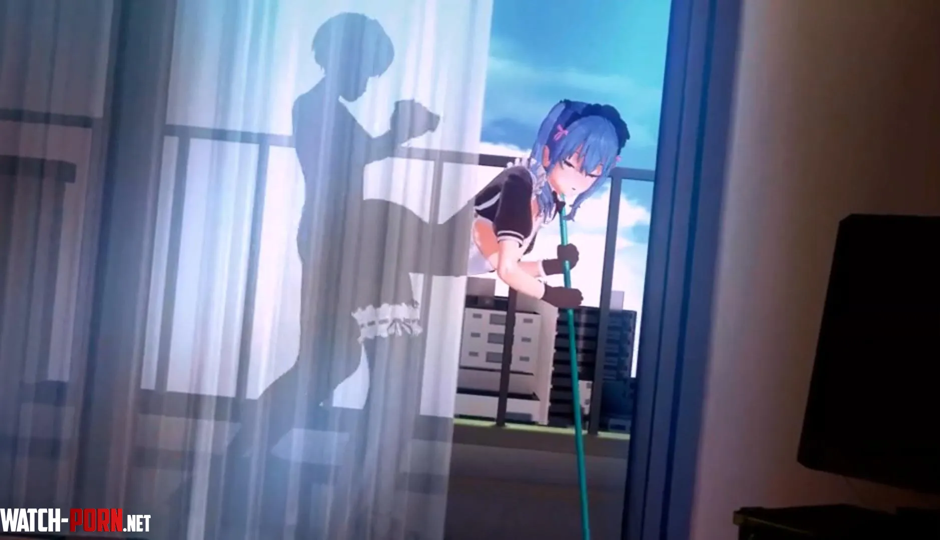 LF Color Source: 1boy, 1girl, 3d, animation/animated gif, balcony, blue hair, broom, curtain, filming, from side, gloves, hoshimachi suisei, maid, sex from behind, silhouette, standing doggystyle, standing sex, thigh strap, twintails by HentaiSource_Archive