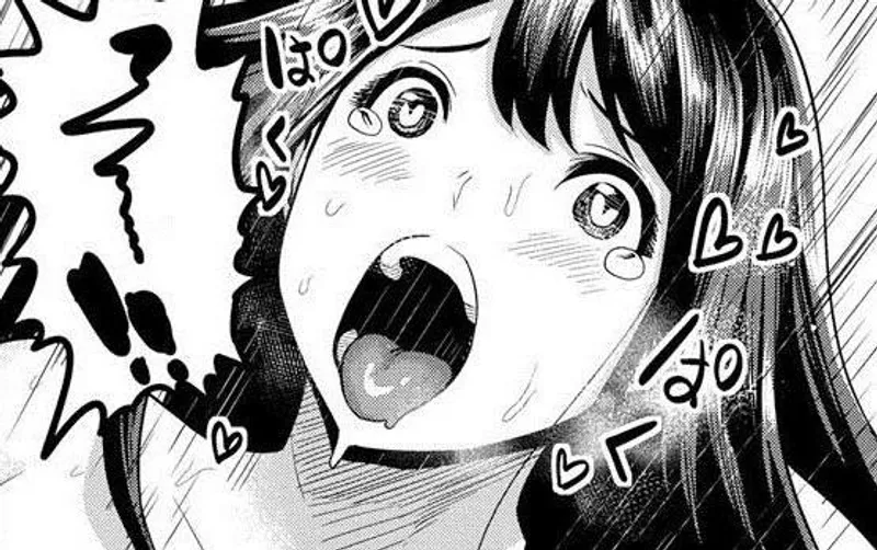 Thumbnail LF Mono Source: 1girl, ahegao, black hair, blush, close-up, emphasis lines, face, foreign text, hair between eyes, heart-shaped pupils, long hair, open mouth, parted bangs, sfx, spoken exclamation mark, spoken squiggle, sweat, tears, teeth, tongue out