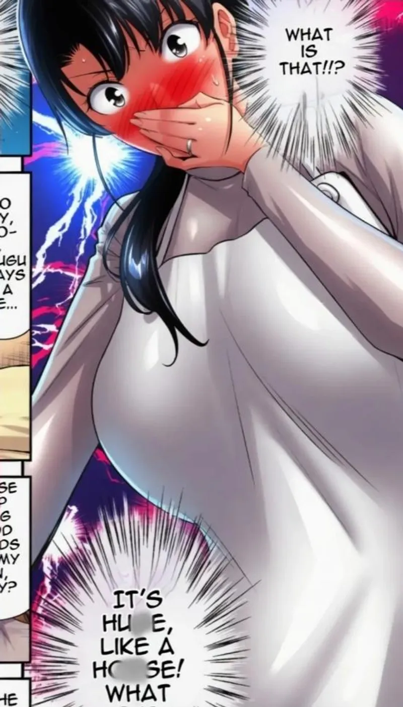 Thumbnail LF Color Source: What is that!!? It's huge like a horse! What 1girl, apron, black hair, covering own mouth, grey shirt, hand over own mouth, mature female/milf, nose blush, ponytail, surprised/shocked, turtleneck, wedding ring, wide-eyed