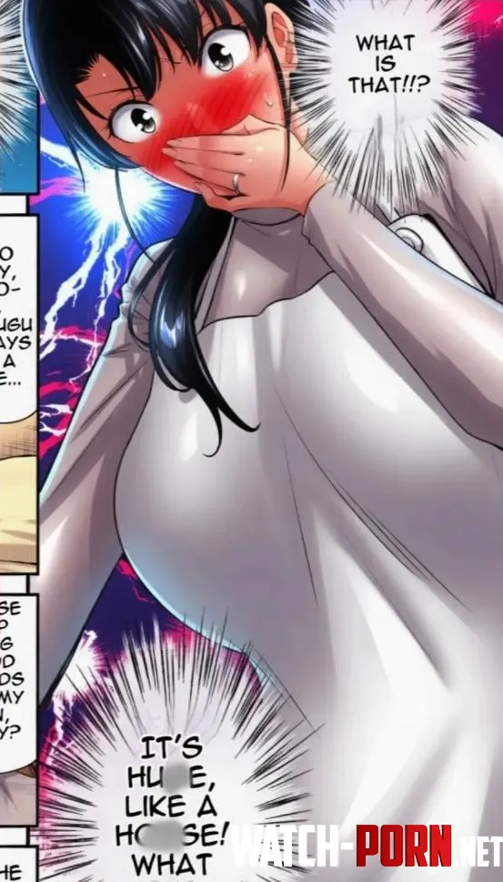 LF Color Source: "What is that!!?" "It's huge like a horse! What" 1girl, apron, black hair, covering own mouth, grey shirt, hand over own mouth, mature female/milf, nose blush, ponytail, surprised/shocked, turtleneck, wedding ring, wide-eyed by HentaiSource_Archive