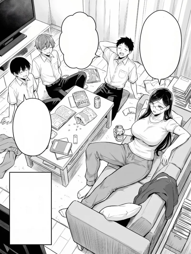 Thumbnail LF mono source: 3boys, 1girl, blank speech bubble, schoolboy uniform, glasses, big breast, long hair, black hair, brown hair, living room, chips, books, can, tv, coffe table, scratching head, holding a can