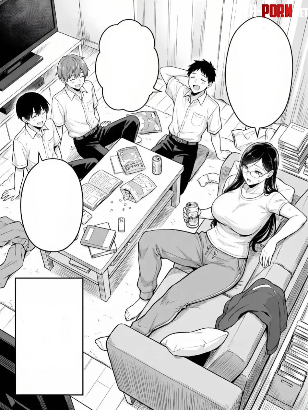 LF mono source: 3boys, 1girl, blank speech bubble, schoolboy uniform, glasses, big breast, long hair, black hair, brown hair, living room, chips, books, can, tv, coffe table, scratching head, holding a can by Deflixirvvv