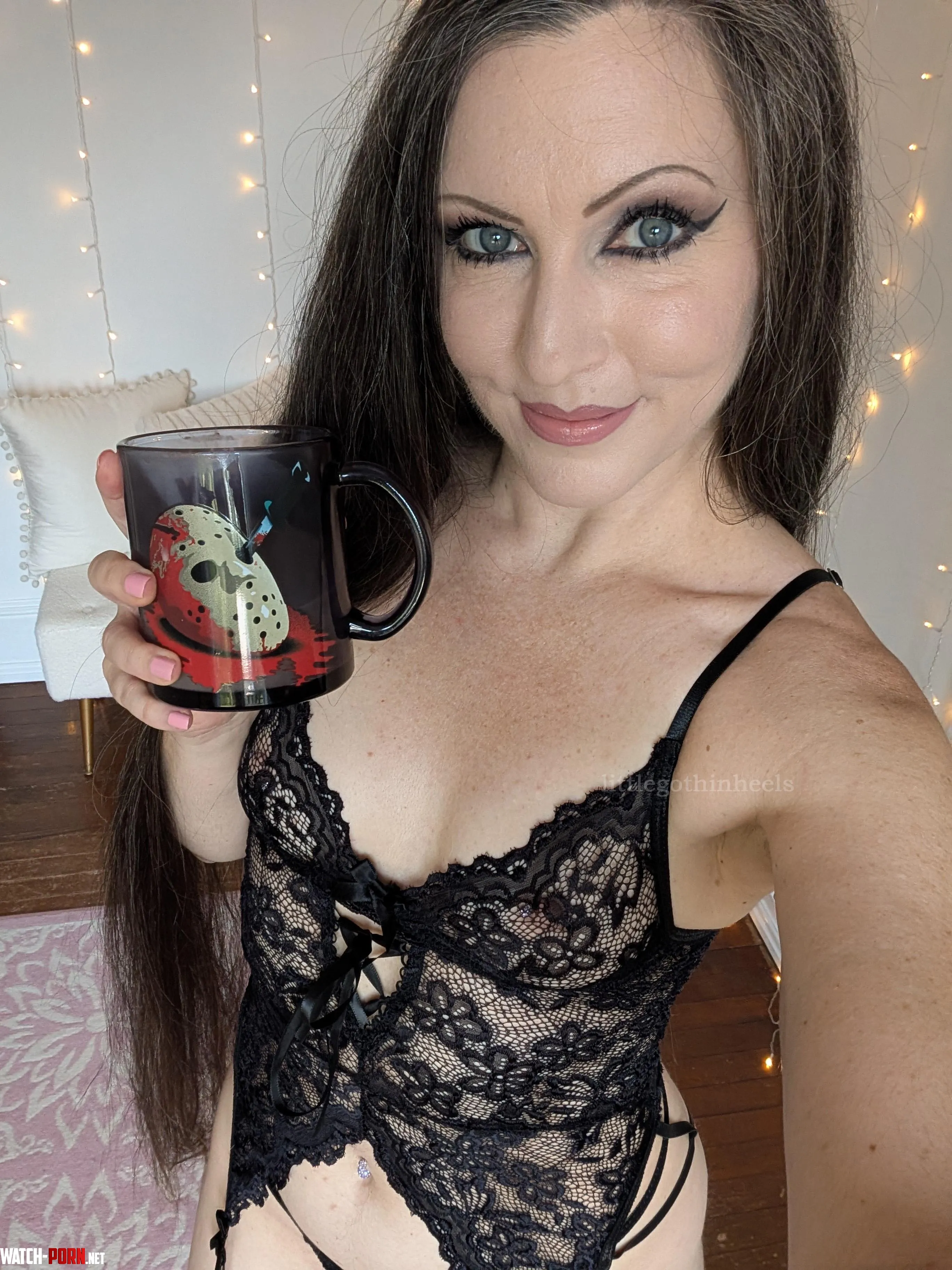 Silver hair down, blue eyes up, coffee in hand (45F) by littlegothinheels