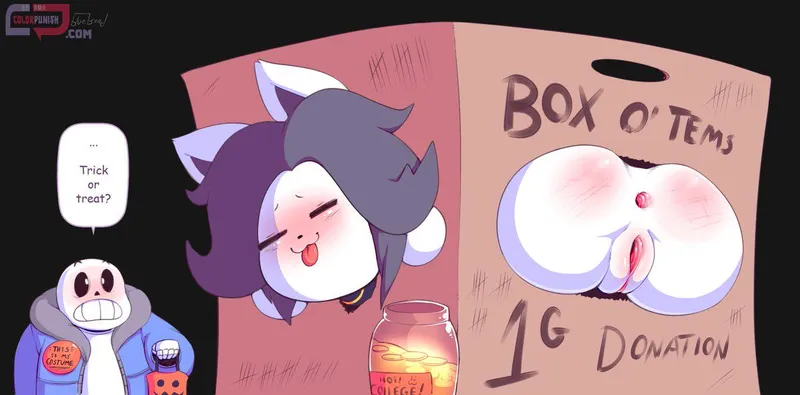 Thumbnail [Temmie] and her Halloween treat for [Sans] (i don't think sans counts tho) [[BlueBreed]]