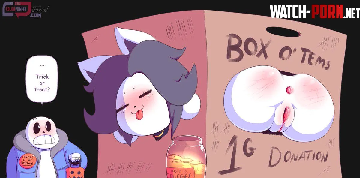 [Temmie] and her Halloween treat for [Sans] (i don't think sans counts tho) [[BlueBreed]] by 1D0ntKnowBrah