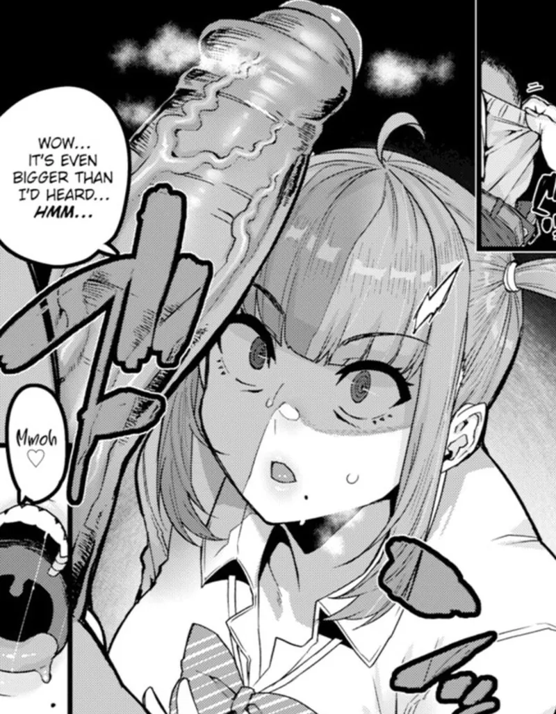 Thumbnail LF mono source: 1girl, school uniform, bowtie, ponytail, long hair, sweat, sweatdrop, speech bubble, Wow... It's even bigger than I'd heard... Hmm..., Mmoh ♡, looking up, open mouth, cup, dark background, penis, veins, Imminent blowjob, beauty mark