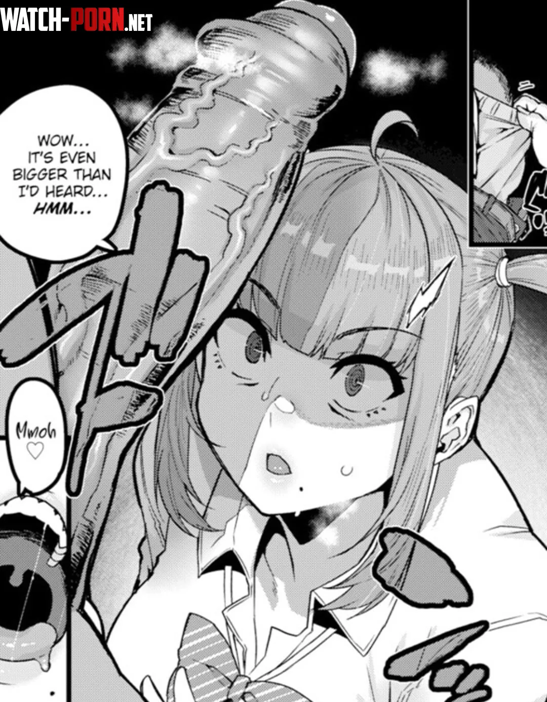 LF mono source: 1girl, school uniform, bowtie, ponytail, long hair, sweat, sweatdrop, speech bubble, "Wow... It's even bigger than I'd heard... Hmm...", "Mmoh ♡", looking up, open mouth, cup, dark background, penis, veins, Imminent blowjob, beauty mark by FunBluebird8