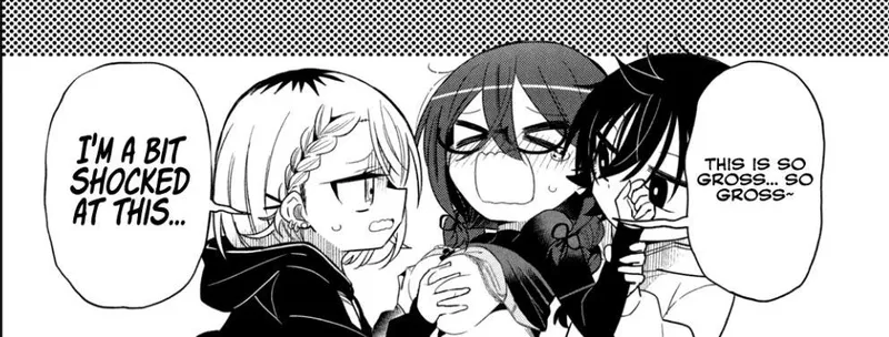 Thumbnail LF Mono Source: 3girls, groping, yuri, DX, nervous, piercings, black hair, blond hair, glasses, tears, English text, this is so gross... so gross~, I’m a bit shocked at this, shirt lift, large breasts, chibi