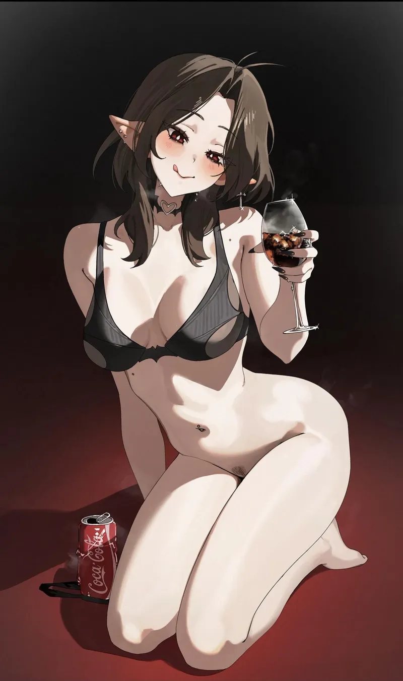 Thumbnail Color lf image elf ears, sitting down, holding drink, ear piercings, choker, coca cola can, no panties, red eyes, brown hair, black bra, black nails, red background panties on floor,