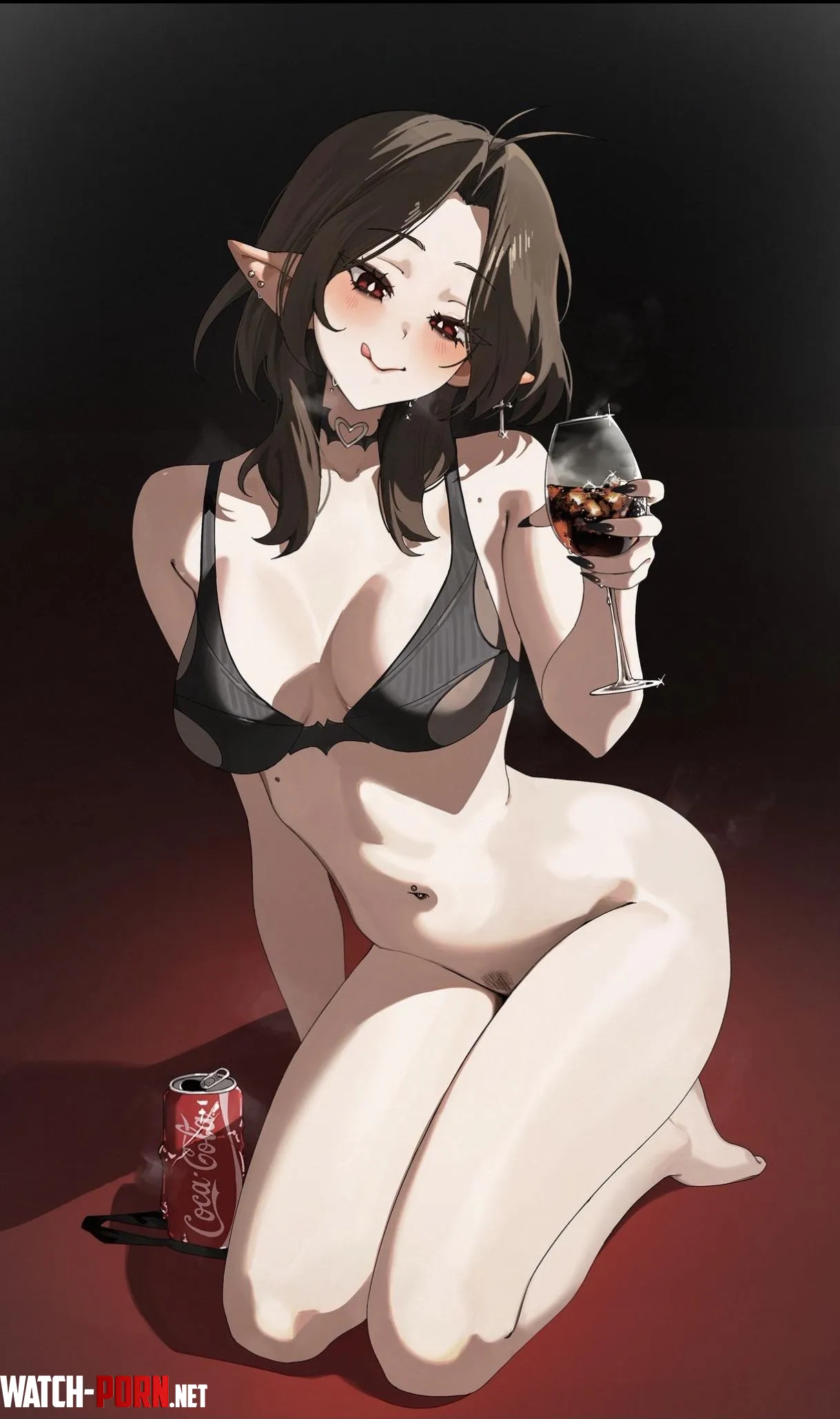 Color lf image elf ears, sitting down, holding drink, ear piercings, choker, coca cola can, no panties, red eyes, brown hair, black bra, black nails, red background panties on floor, by Tabootheleader