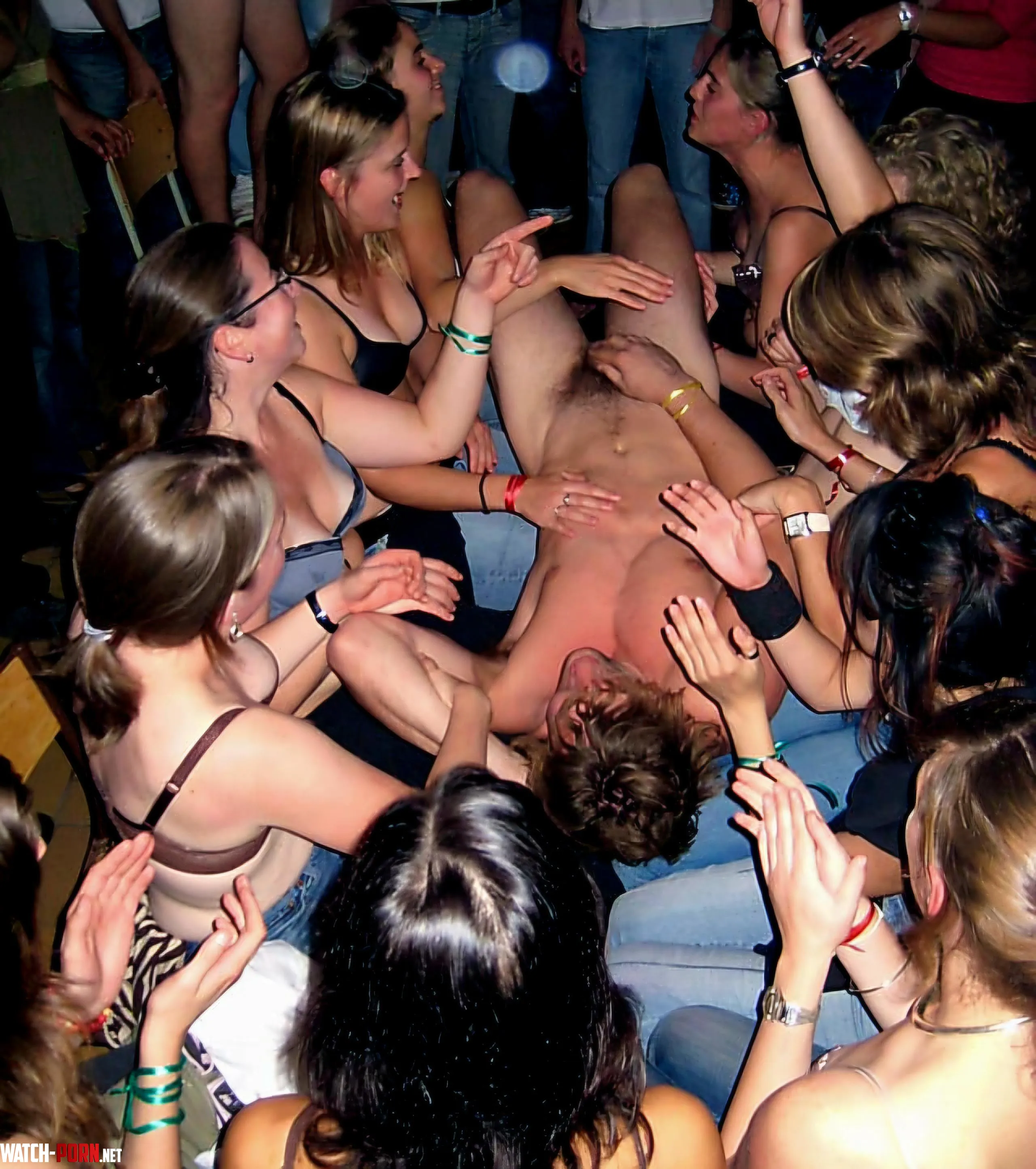Male college student being hazed is reluctant to show his cock to the female students surrounding him by CFNMaddict32