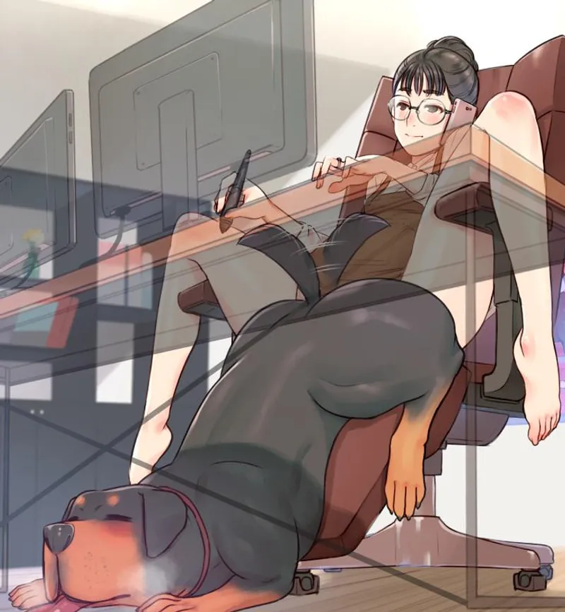 Thumbnail Having some fun with her dog while working (Mr.takealook)