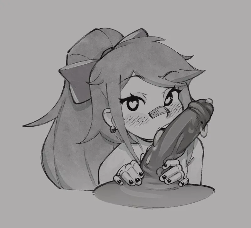 Thumbnail LF Mono Source, 1Girl, 1Boy, Ponytail, Blowjob, Lick dick, Heart eyes, blush, Precum, Bow.