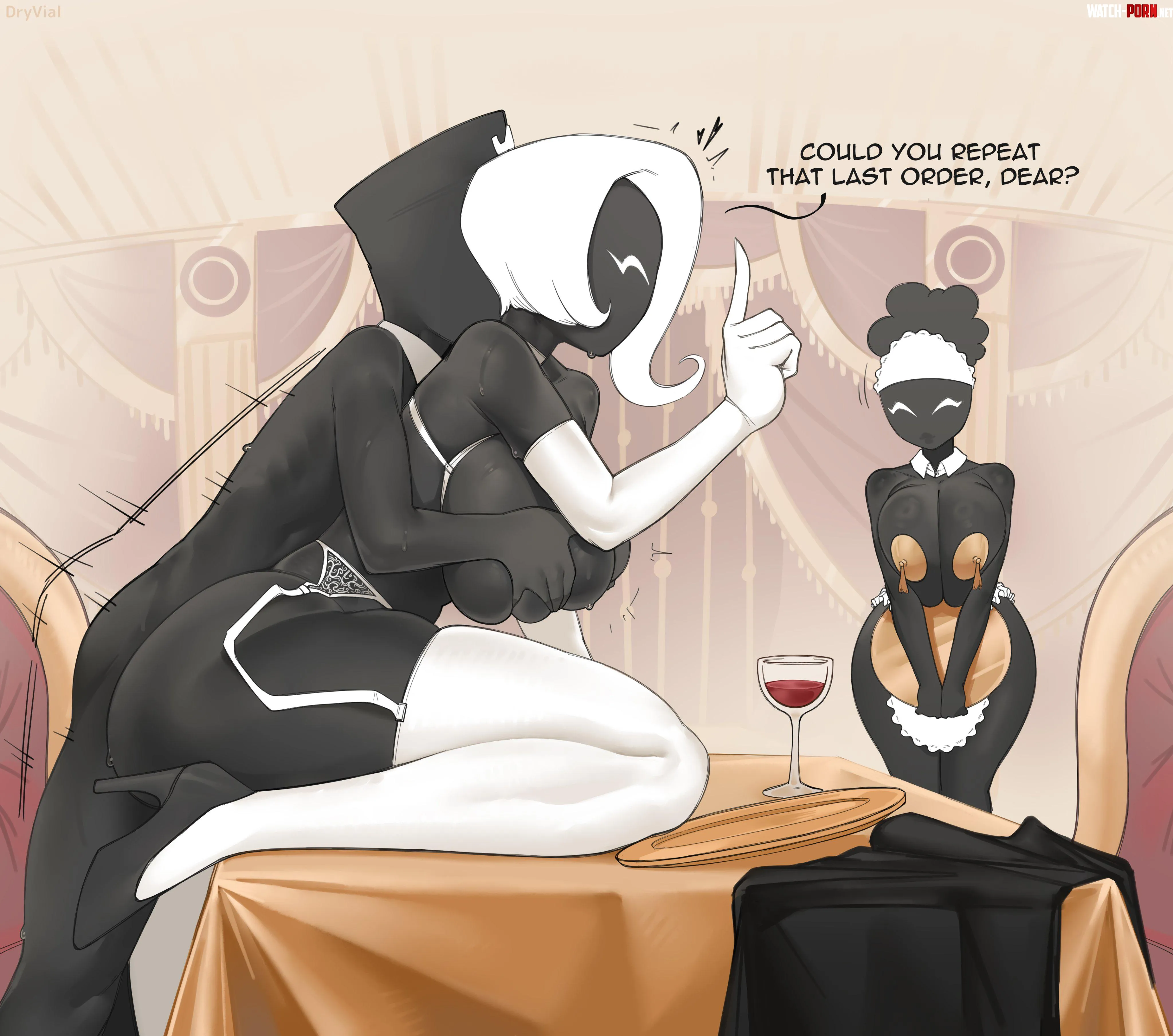 Winston having a nice evening with Michelle and the Waitress (DryVial) [Beholder Conductor] by Bazaarthrone