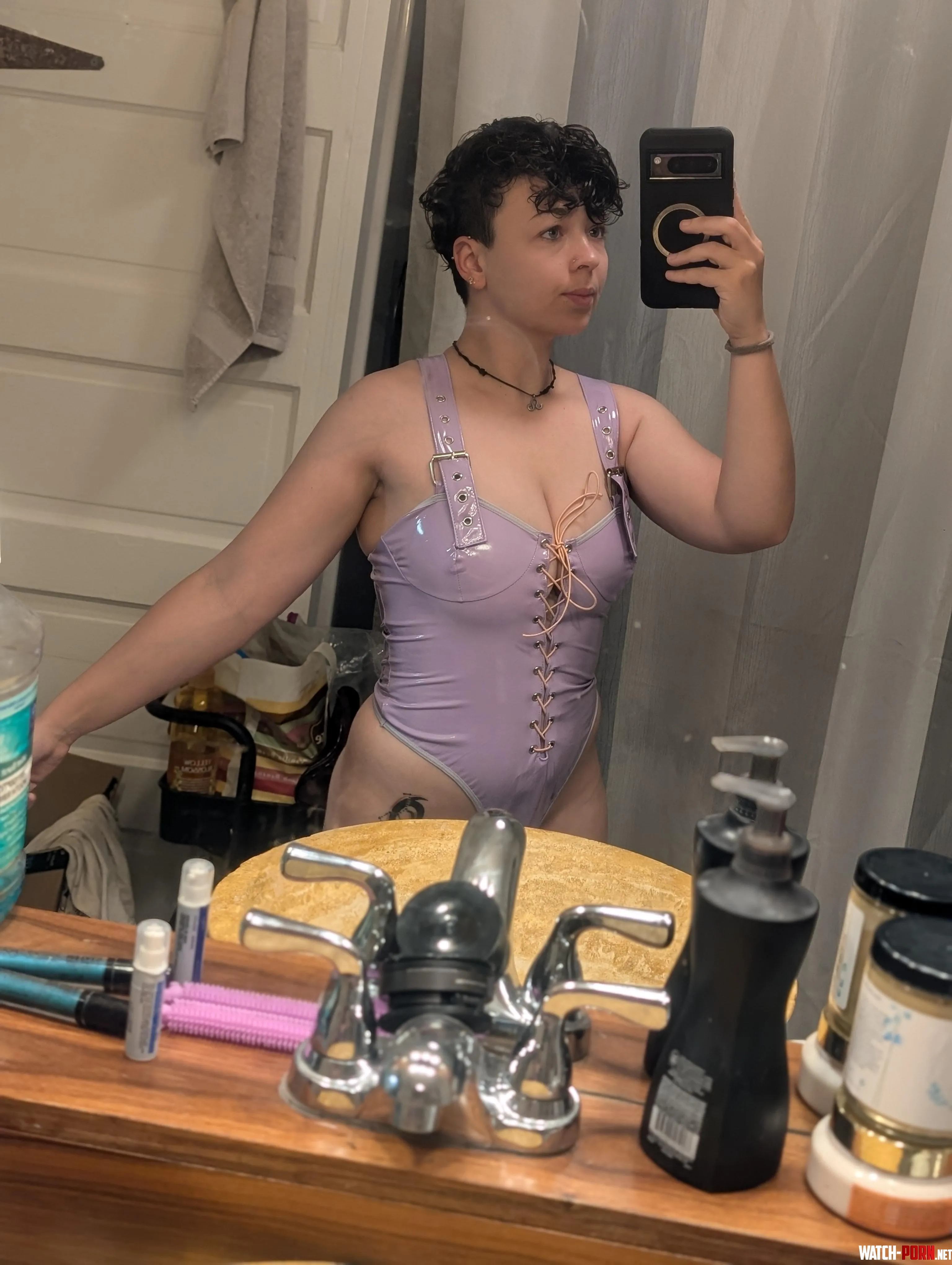 This short haired baddie got a new purple PVC one piece by DaddyKitty7