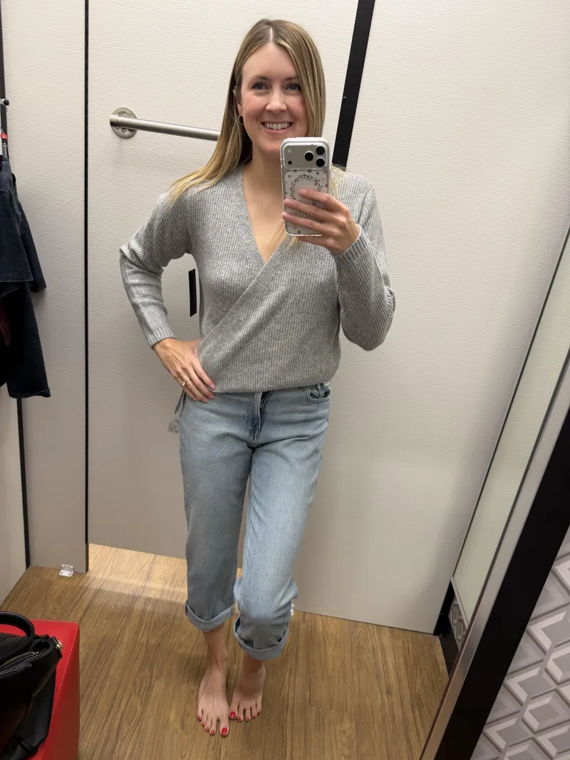 Thumbnail Step one, try on knitter sweater. Step two, walk around the mall.