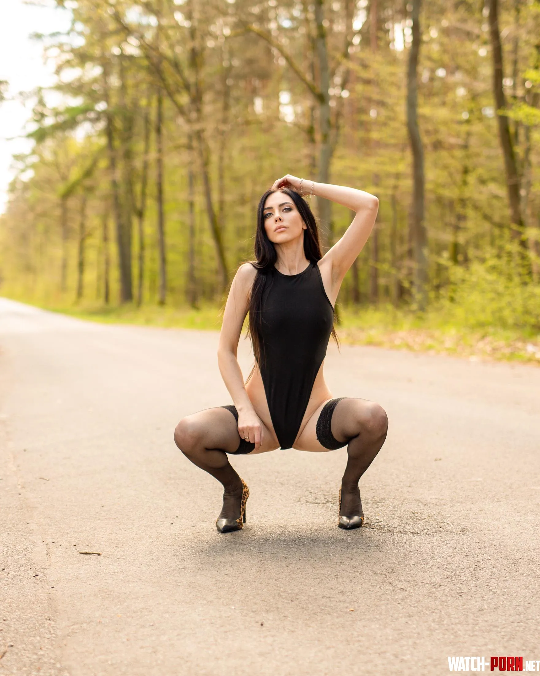 Black bodysuit, stockings and leopard heels from my latest shoot by electric_miss
