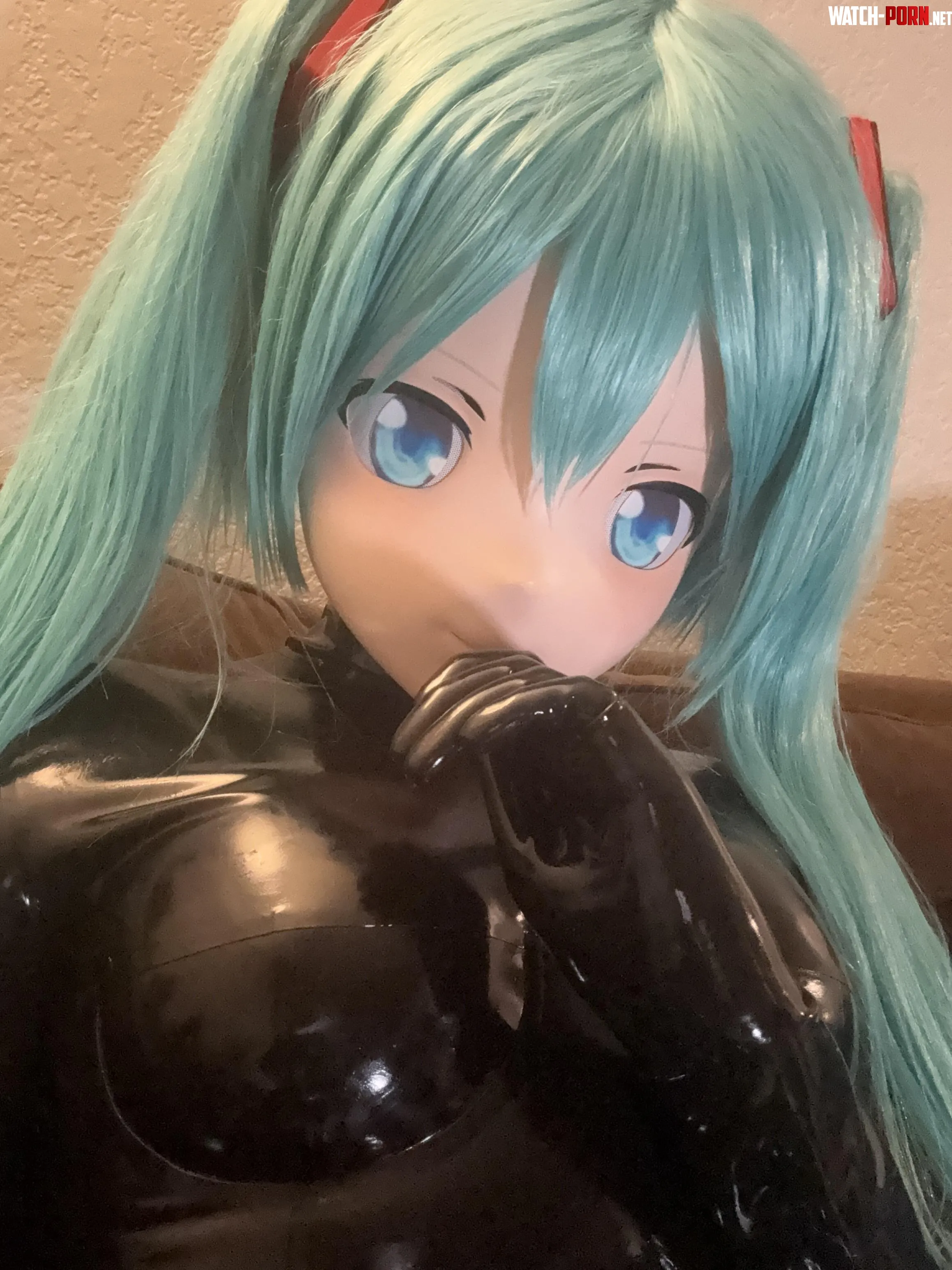 Miku happy in da rubbers 🖤🩵 by SexyCutieTgirl