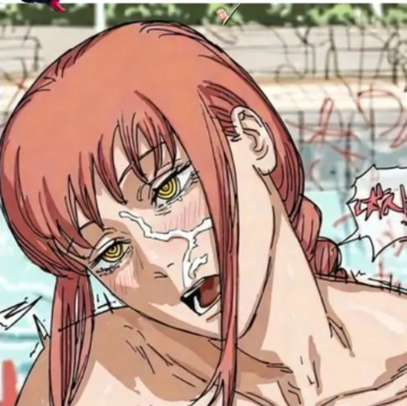 Thumbnail LF Color Source: SFX, foreign text, 1girl, yellow eye, red hair, long hair, Makima (Chainsaw man), blushing, sex, ahegao, mouth open, facial, nude, face, close-up