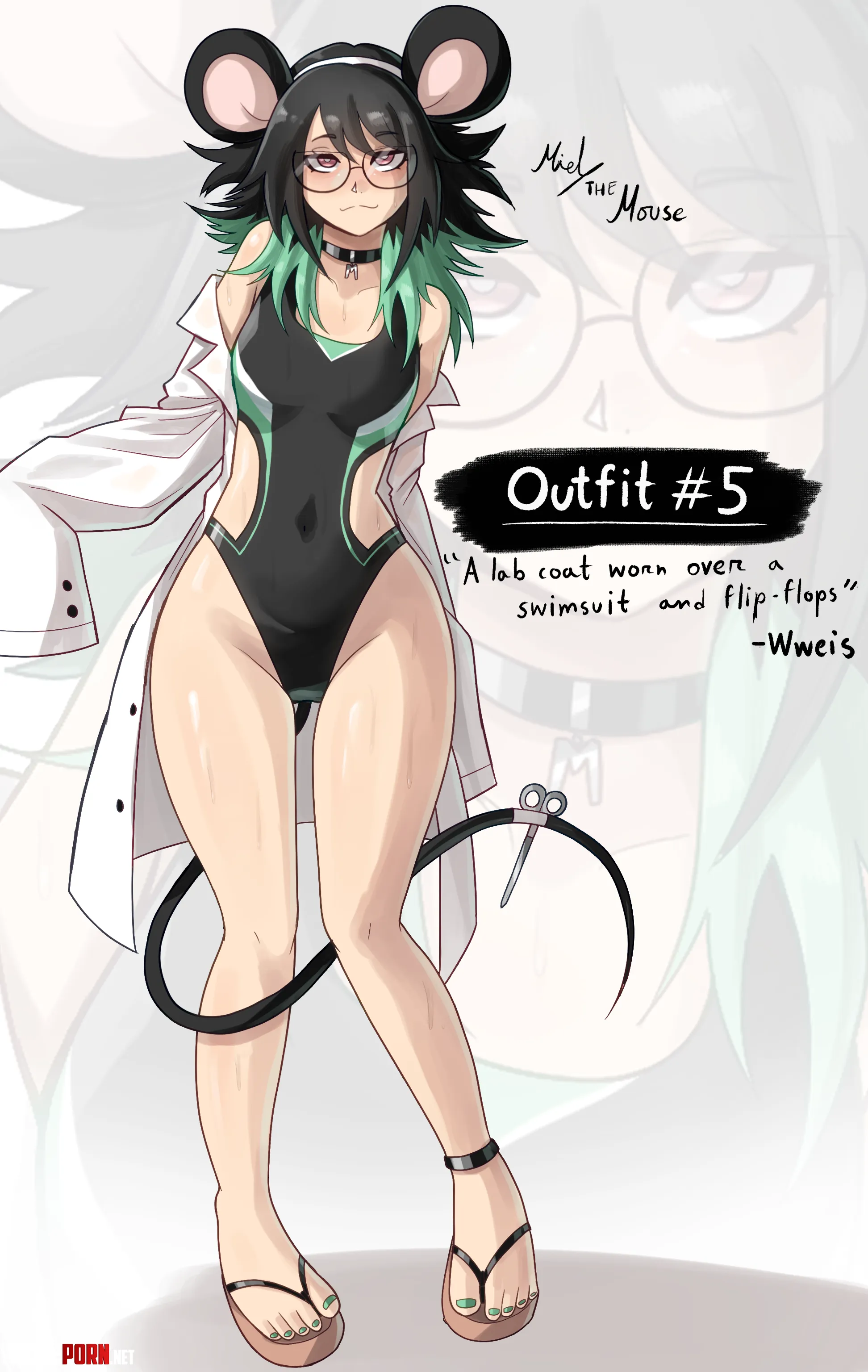 Mouse girl wearing a lab coat over a swimsuit [@MielTheMouse] by Burniel409