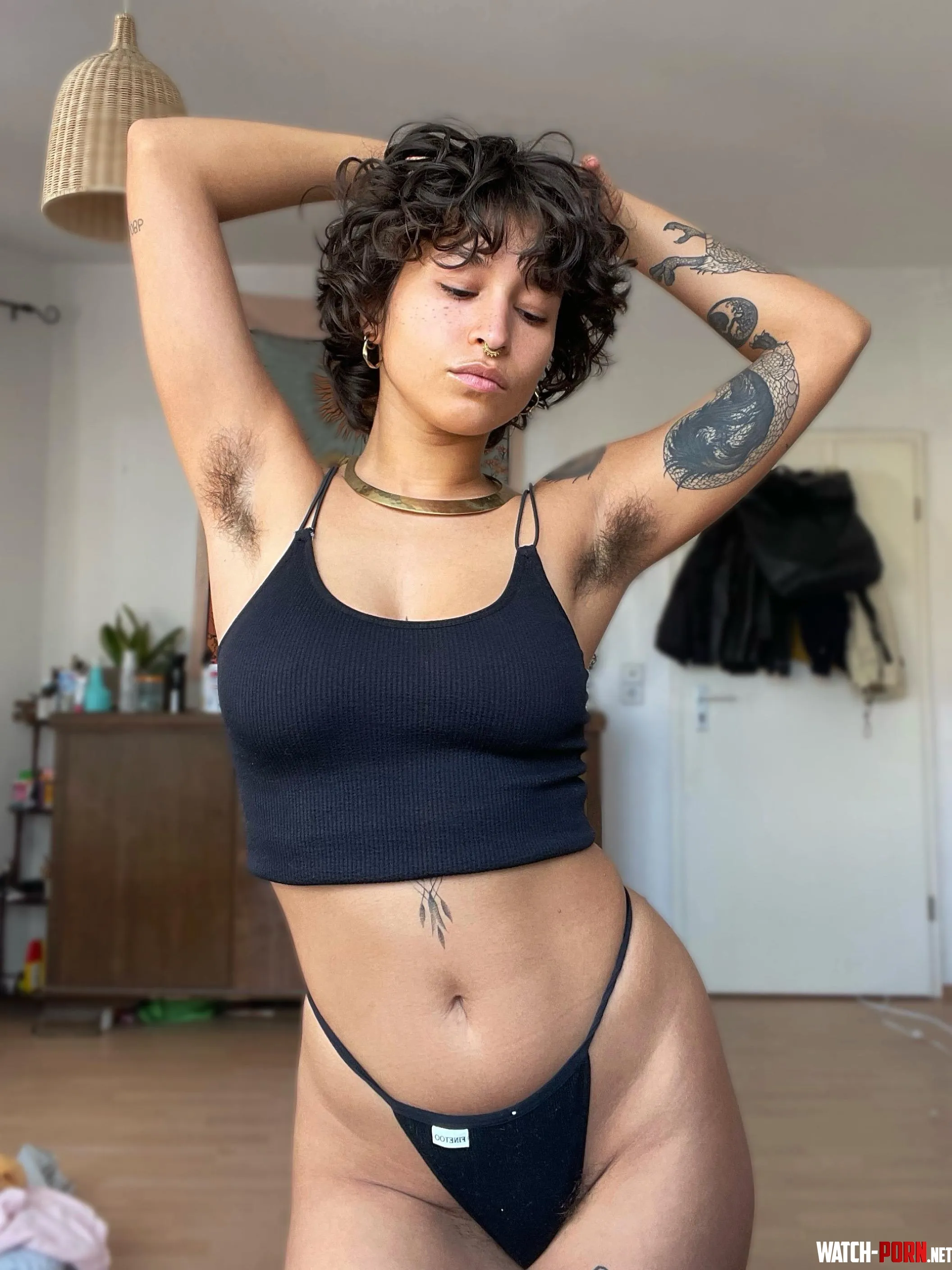 black crop top and black thong at home by xnayamar